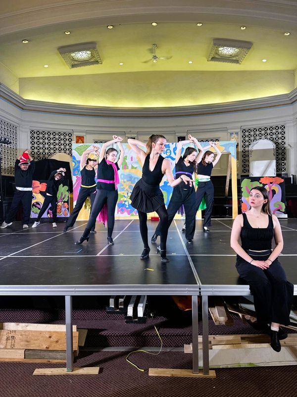 Mayzie and the Bird Girls educate Gertrude on tail feathers.   L-R: Neil-Erine Palmaria, Eytan Marcus-Wolpert, Sophia Kot, Jaelynne Gervais, Lauren Franzoni, Kayla Calof, Erin Smith and Tessa Saville 8