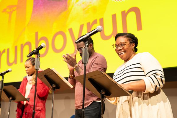 Chibuba Bloom Osuala, Chik  Johnson, and Mfoniso Udofia in runboyrun by Mfoniso Udofia at Rabb Hall, Boston Public Library. Produced in partnership with The Huntington, Boston Public Library, GBH, Nex 2
