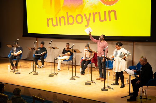 The cast of runboyrun by Mfoniso Udofia at Rabb Hall, Boston Public Library. Produced in partnership with The Huntington, Boston Public Library, GBH, Next Chapter Podcasts. Directed by Christopher V.  3
