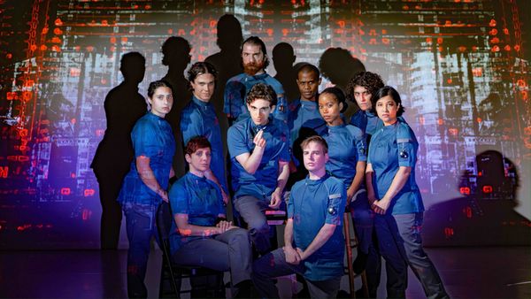 Sabra Shelly, Sangita Baruah, Cassandra Uma a and Aaron Greenberg in WE. Costume Design by Alyssa Korol. Projection Design by Matthew Deinhart. Photo by Jonathan Levin 3