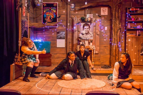 Our Dear Dead Drug Lord at the Garage Theatre  L to R: Ryan Hollon, Jenilee Flowers, Alejandra Penaloza, Sam Farfan    Photo Credit: Diana Kaufmann     4