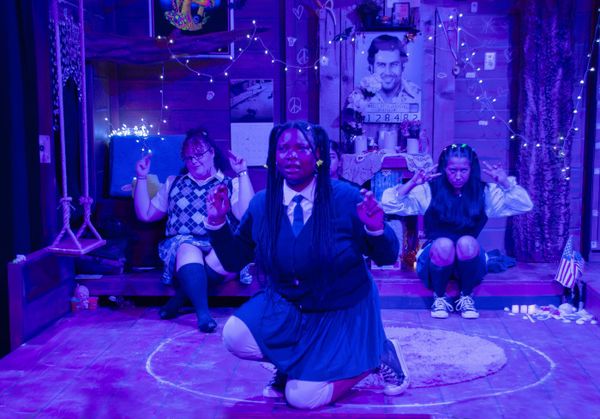 Our Dear Dead Drug Lord at the Garage Theatre  L to R: Ryan Hollon, Jenilee Flowers, Alejandra Penaloza, and Sam Farfan    Photo Credit: Diana Kaufmann     6