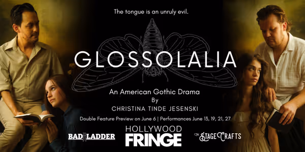 Glossolalia horizontal banner featuring the Cicada Cast on the left (Michael Ca  as, Aibhlinn Rose), the show logo in the center, and the Church Cast on the right (Lily Rose Wadsworth, Colin Rinard).  1