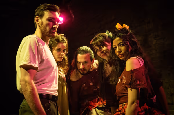 Travis Bergmann, Mackenzie Robin Krestul, Sam Hardy, Quinn Andrews, and Kaitlyn Rose Rabocse in THE IPHIGENIAMACHINE at American Theatre of Actors. Photo by Conor Romero (@conoromero | www.conorromero 8
