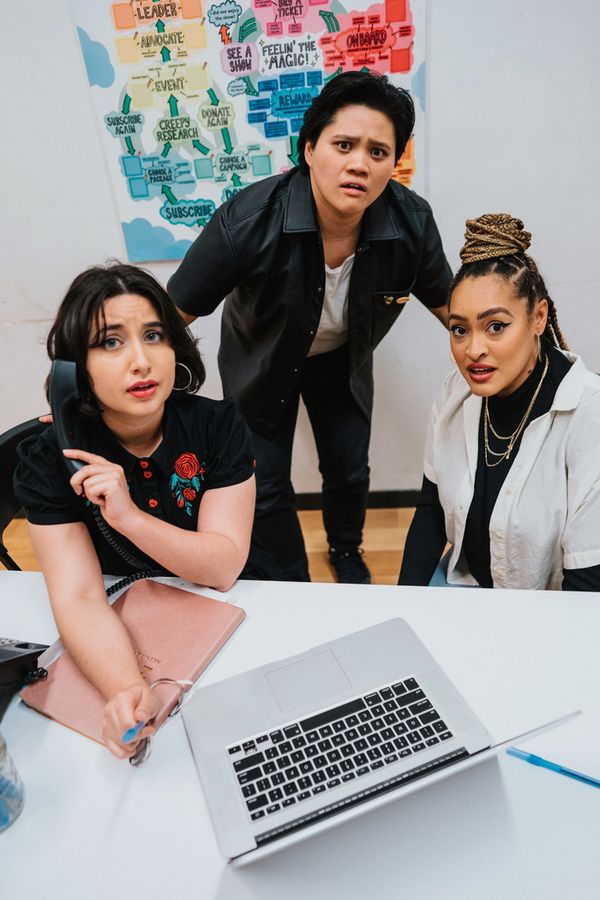 linda maria gir n, Austine De Los Santos, and Storm White play the Box Office Staff in Jonathan Spector''s new play ''Best Available'' at Shotgun Players in May and June 2024. Photo by Robbie Sweeny. 1