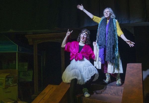 Photo by Jeb Wallace-Brodeur  These two are performance Beasts!    The Search for Signs of Intelligent Life in the Universe by Jane Wagner, featuring Maura O'Brien & Stoph Scheer, June 4 - 14 at Lost  3