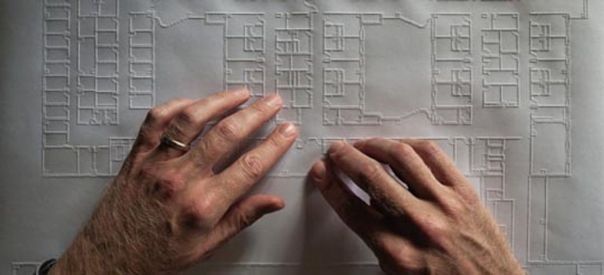 From Vantage Theatre''s BEST LAID PLANS by Robert Salerno. Photo of Chris Downey using braille for designing architecture. Photo by Don Fogg. From Vantage Theatre''s BEST LAID PLANS by Robert Salerno. Photo of Chris Downey using braille for designing architecture. Photo by Don Fogg.
