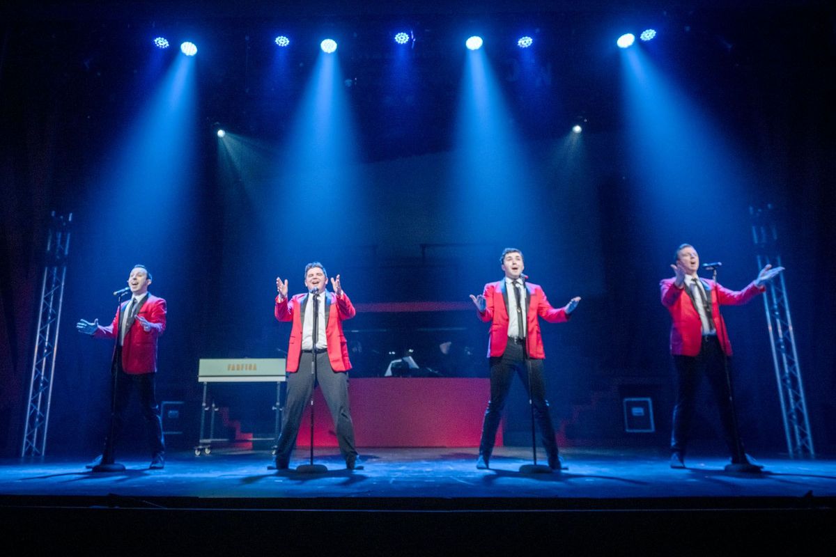 Keon Dalziel as Tommy, Tony Heffner as Frankie Valli, Andrew Allen as Bob Gaudio, and Ben Arrington as Nick Massi Keon Dalziel as Tommy, Tony Heffner as Frankie Valli, Andrew Allen as Bob Gaudio, and Ben Arrington as Nick Massi