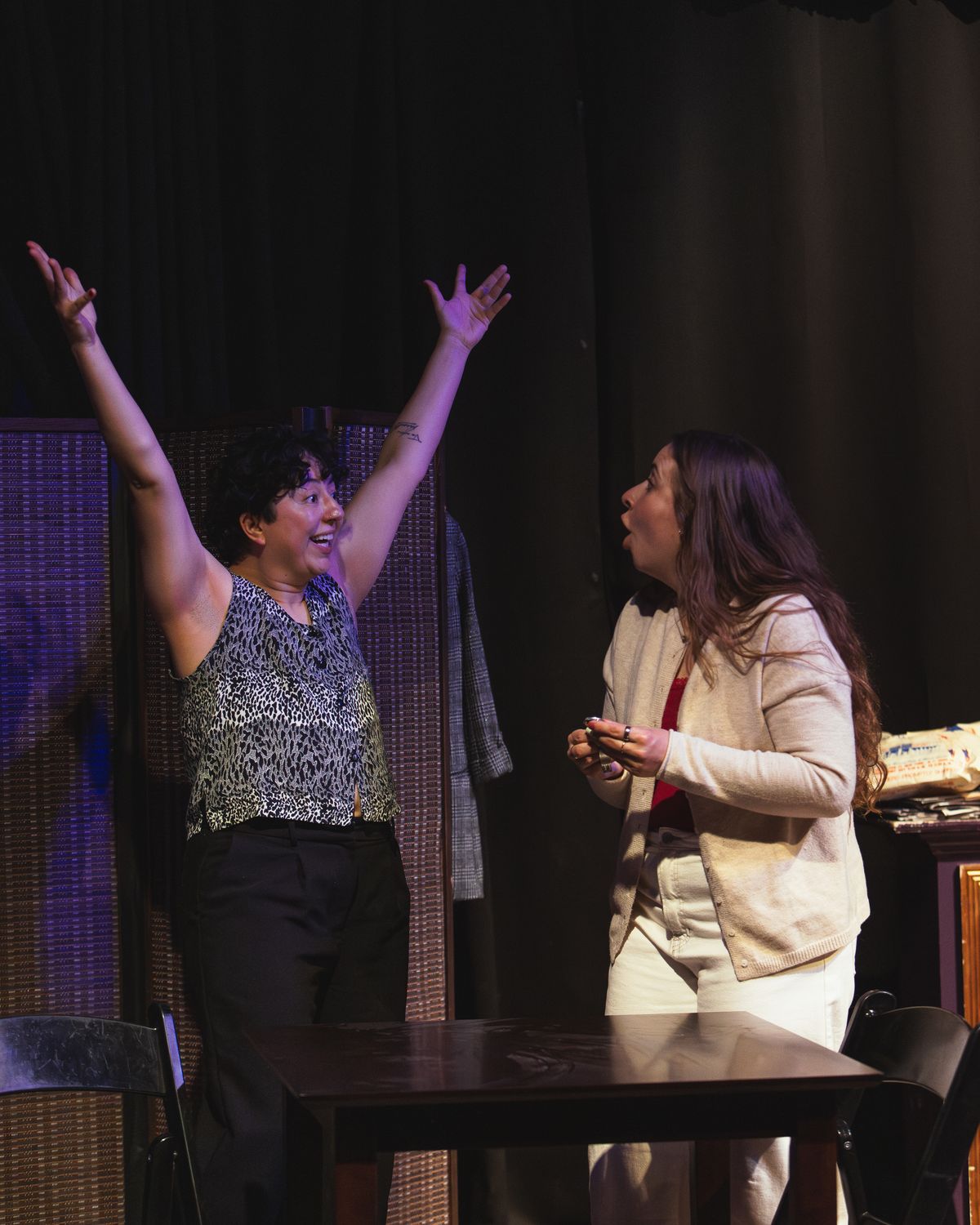 Melanie Santos Cordero as Callie celebrates as Bridgette Dove as Sarah looks on in Stop Kiss. Photo by MCP Photo. Melanie Santos Cordero as Callie celebrates as Bridgette Dove as Sarah looks on in Stop Kiss. Photo by MCP Photo.