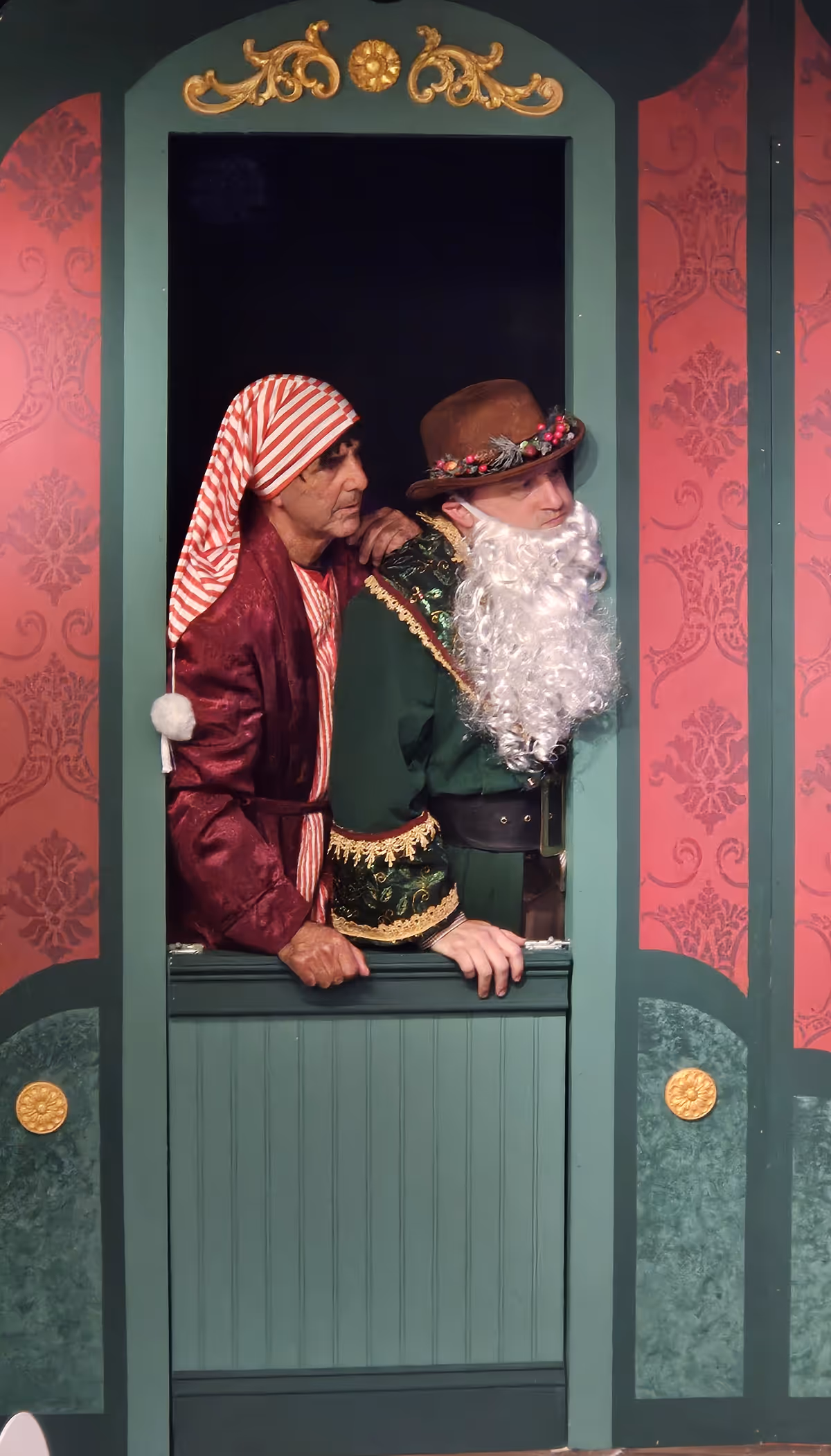 Scrooge and one of the ghosts look at what may be in THE THREE SCROOGES at Curtain Call...a madcap musical romp through the Dickens classic. (Michael Pelazza and Paul Valenti.) Scrooge and one of the ghosts look at what may be in THE THREE SCROOGES at Curtain Call...a madcap musical romp through the Dickens classic. (Michael Pelazza and Paul Valenti.)