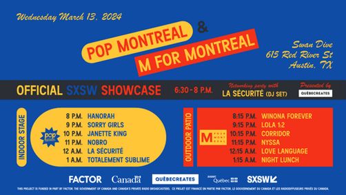 M for Montreal and POP Montreal announce official collaborative music showcase at SXSW on March 13 show poster