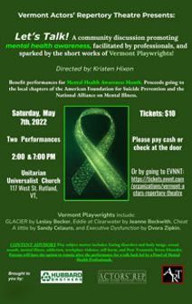 Tweet See new Tweets Conversation Vermont Actors’ Repertory Theatre @ActorsVermont “Let’s Talk!”, a community discussion promoting Mental Health Awareness