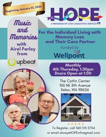 Music and Memories 4th Thursday beginning Jan 22. Catlin Center 106 NE 8th Avenue Kelso, WA 98626 show poster