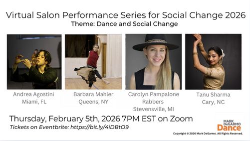 MDD broadcasts the first salon of its 16th annual Virtual Salon Performance Series for Social Change (VSPS) 2026 on Thursday, February 5, at 7 PM ET show poster