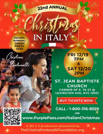 22nd-annual CHRISTMAS IN ITALY NYC starring Cristina Fontanelli FRI 12/19 (7PM) and SAT 12/20 (2PM)