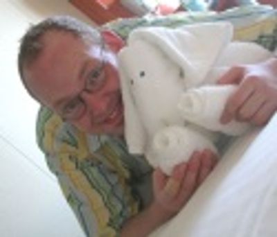 Jamie with one of the many unidentifiable towel pets left on the state room bed when  Photo