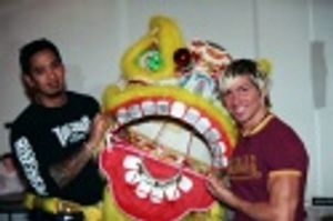 A. J. Ocampo and Daniel Therrien with Monster Goldfish puppet head Photo