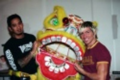 A. J. Ocampo and Daniel Therrien with Monster Goldfish puppet head Photo