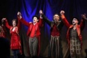 The cast, featuring Lisa Brescia, Michael Arden, and Thom Sesma Photo