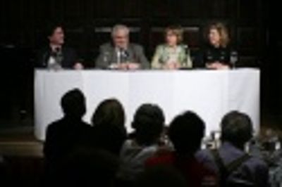Paul Rudnick, Peter Filichia, Jackie Hoffman and Christine Baranski Photo