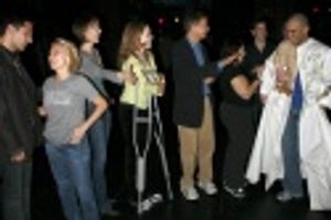 Dennis Stowe, with Vince Pesce, Kristin Chenoweth and cast members Photo