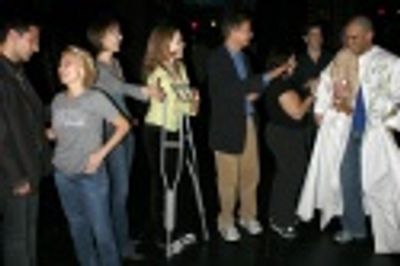 Dennis Stowe, with Vince Pesce, Kristin Chenoweth and cast members Photo