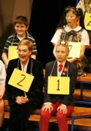 Cast and spellers, including (from bottom row) Julie Andrews, Sarah Saltzberg and Deb Photo