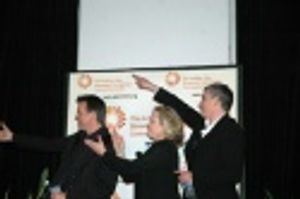 Todd Murray, Sally Wilfert, and Douglas Sills applaud their musicians Photo