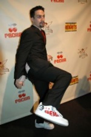 Lin Manuel Miranda showing off the sneakers his girlfriend Vanessa made for him Photo