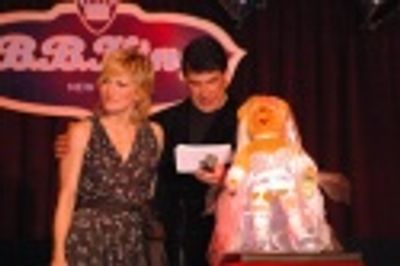 Felicia Finley and Bryan Batt with The Wedding Singer Linda Bear Photo