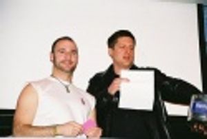 Jeff Lewis and Christopher Sieber reading off the raffle winners Photo