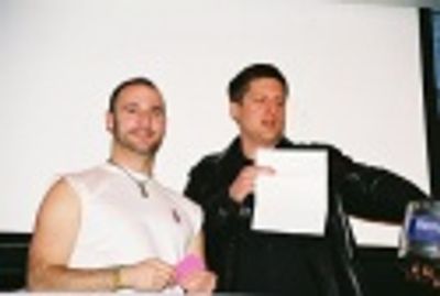 Jeff Lewis and Christopher Sieber reading off the raffle winners Photo