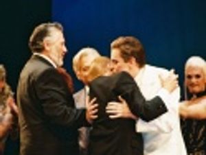 Daniel Davis and Gary Beach welcome
Harvey Fierstein and Jerry Herman up on stage Photo