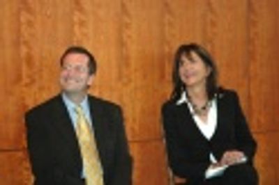 John Donatich and Mercedes Ruehl listen to Edward Albee Photo