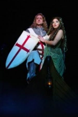  (L to R) Christopher Sieber as Sir Dennis Galahad and Sara Ramirez as The Lady of th Photo