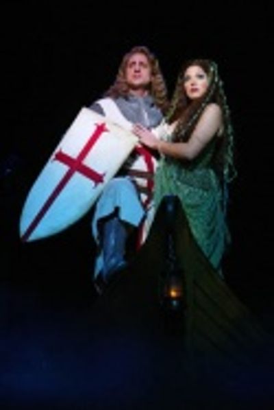  (L to R) Christopher Sieber as Sir Dennis Galahad and Sara Ramirez as The Lady of th Photo