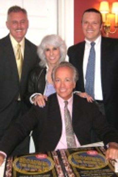 Director Rick McKay (seated), flanked by "Broadway: The Golden Age" co-producing team Photo