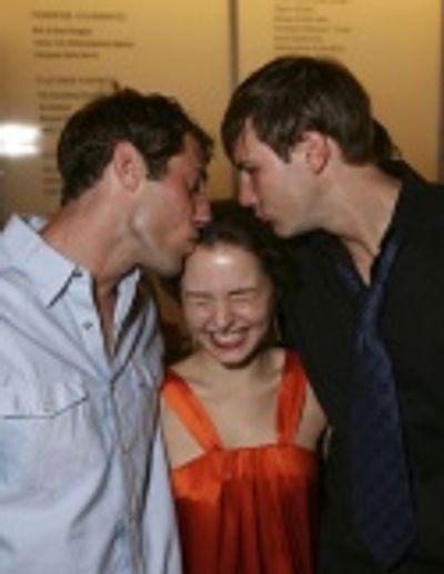 Josh Cooke and Bill Heck kiss Jenna Gavigan Photo