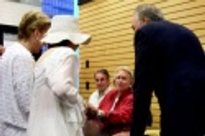 Joan Kobin greeting Barbara Cook and Rick McKay Photo