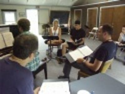 Joe Grifasi (back to photo), Rob Berman, Elizabeth Stanley, Cheyenne Jackson, Ted Spe Photo