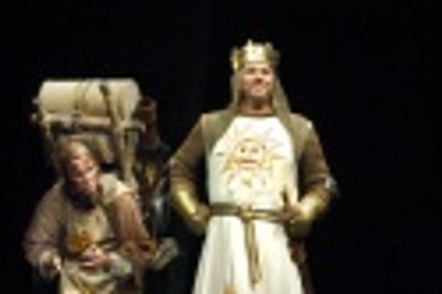 Andrew Spillett as Patsy and Peter Davison as King Arthur Photo