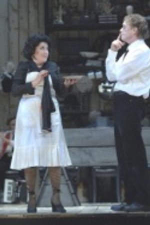 Judy Kaye as Mrs. Lovett and David Hess as Sweeney Photo