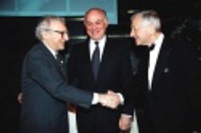 Sheldon Harnick Congratulates Louis Begley with Marshall Rose  Photo
