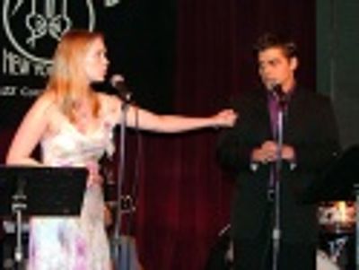 Reprising their UK Bat Boy roles, Emma Williams (Shelley Parker)
and Deven May (Bat  Photo