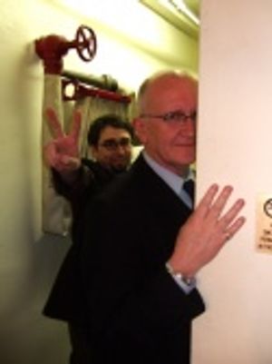 Adam Hunter and John Doyle lurk in my doorway before the final preview. Photo