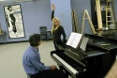 Rob Fisher (at Piano) and Kristin Chenoweth in rehearsals for the Encores! production Photo