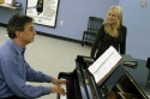 Rob Fisher (at Piano) and Kristin Chenoweth in rehearsals for the Encores! production Photo