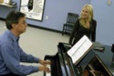 Rob Fisher (at Piano) and Kristin Chenoweth in rehearsals for the Encores! production Photo