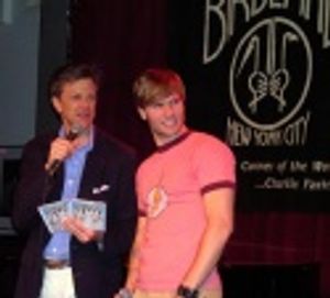 
Jim Caruso and ALTAR BOYZ Boy Scott Porter looking perplexed over the CD giveaway.. Photo