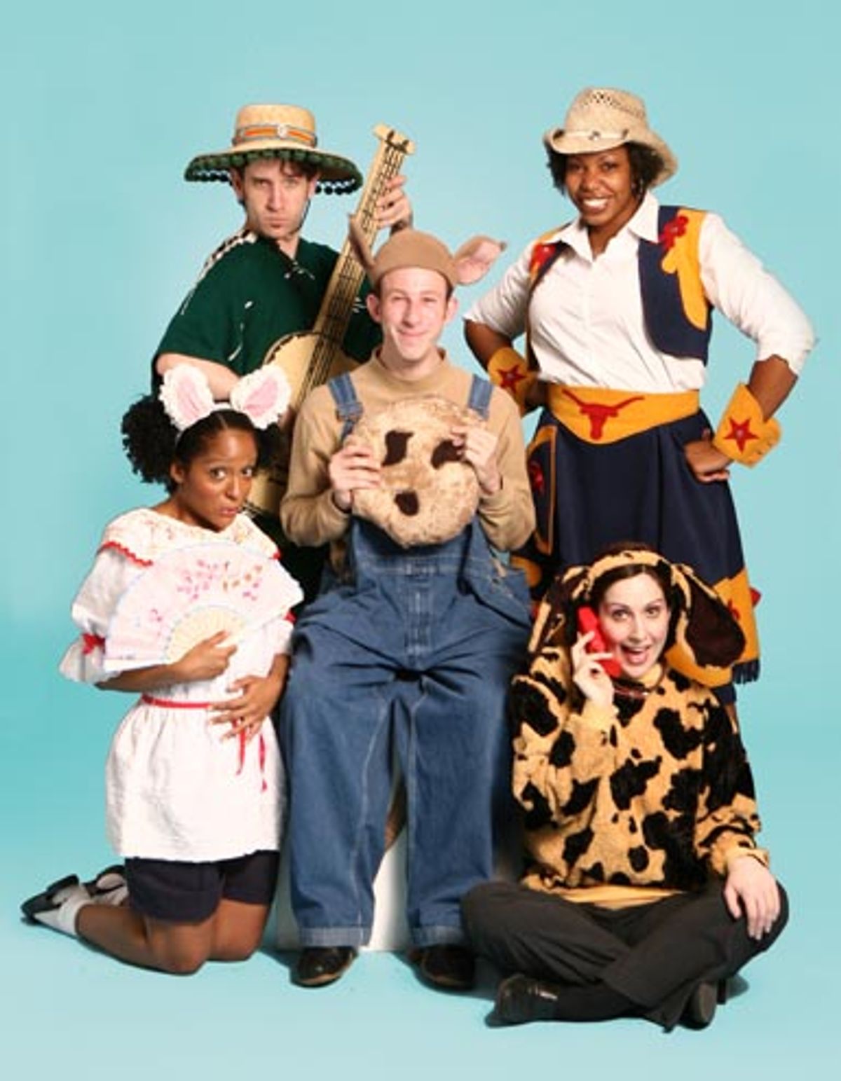 The cast of TheatreworksUSA's free summer theater offering, 'IF YOU GIVE A MOUSE
 A COOKIE & Other Story Books.' Pictured (clockwise from center):
Nick Blaemire, Aurelia Williams, Stephanie D'Abruzzo, Carla Woods, David A. Austin.


 at 